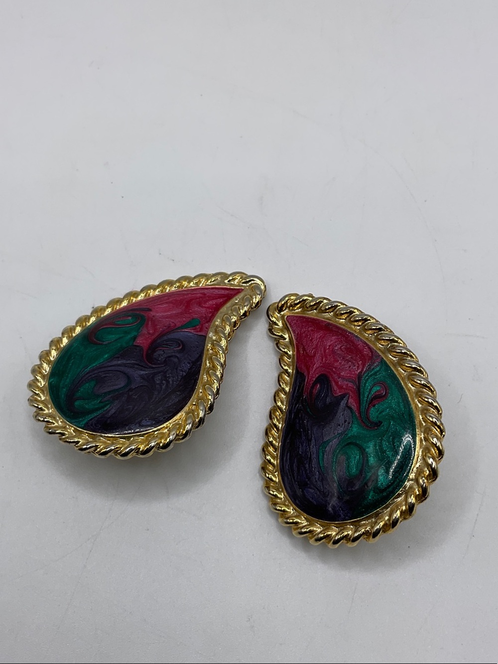 Gold-Trim Clip-On Teardrop Enamel Earrings.